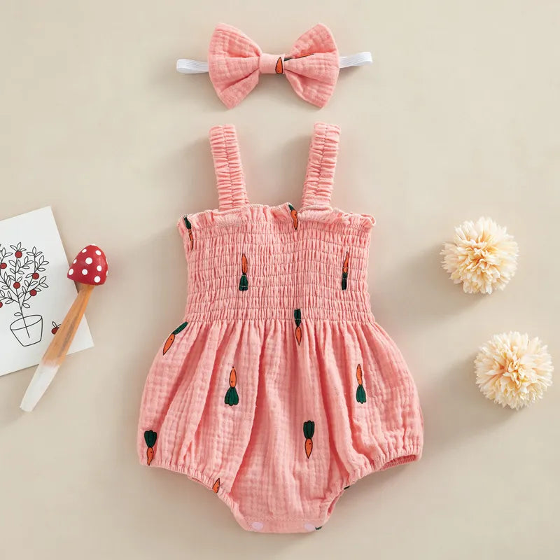 Baby Girls Rompers Clothes Summer Infant Newborn Girls Carrot Print Sleeveless Cotton Linen Bodysuits Jumpsuits Headband Outfits