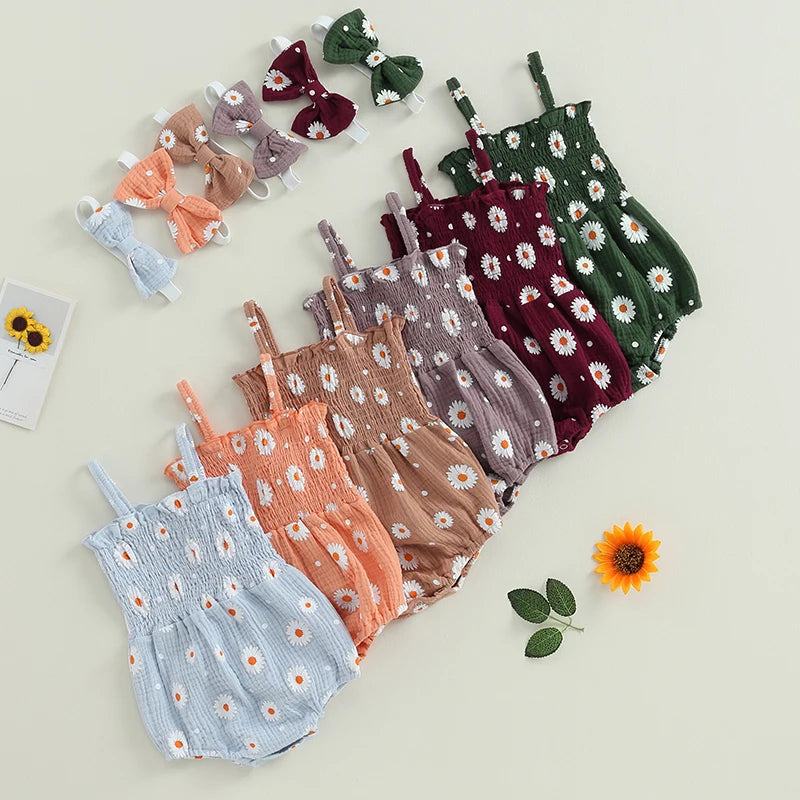 Baby Girls Rompers Clothes Summer Infant Newborn Girls Carrot Print Sleeveless Cotton Linen Bodysuits Jumpsuits Headband Outfits