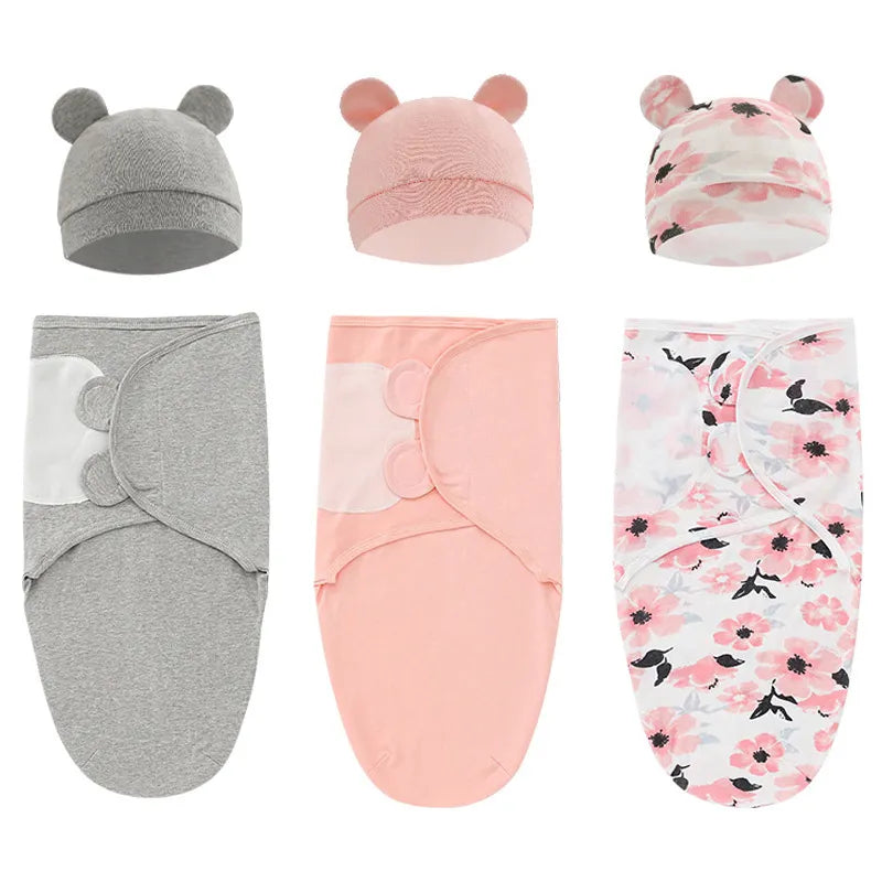 "2-Piece Cotton Newborn Sleep sack Set: Adjustable Infant Swaddle Blanket with Hat for 0-6 Months"
